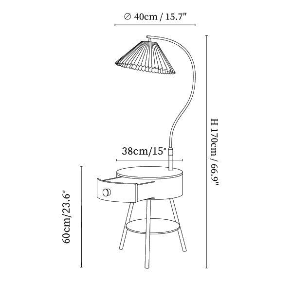 Dimension drawing of the pleated nightstand floor light, in outline against white.