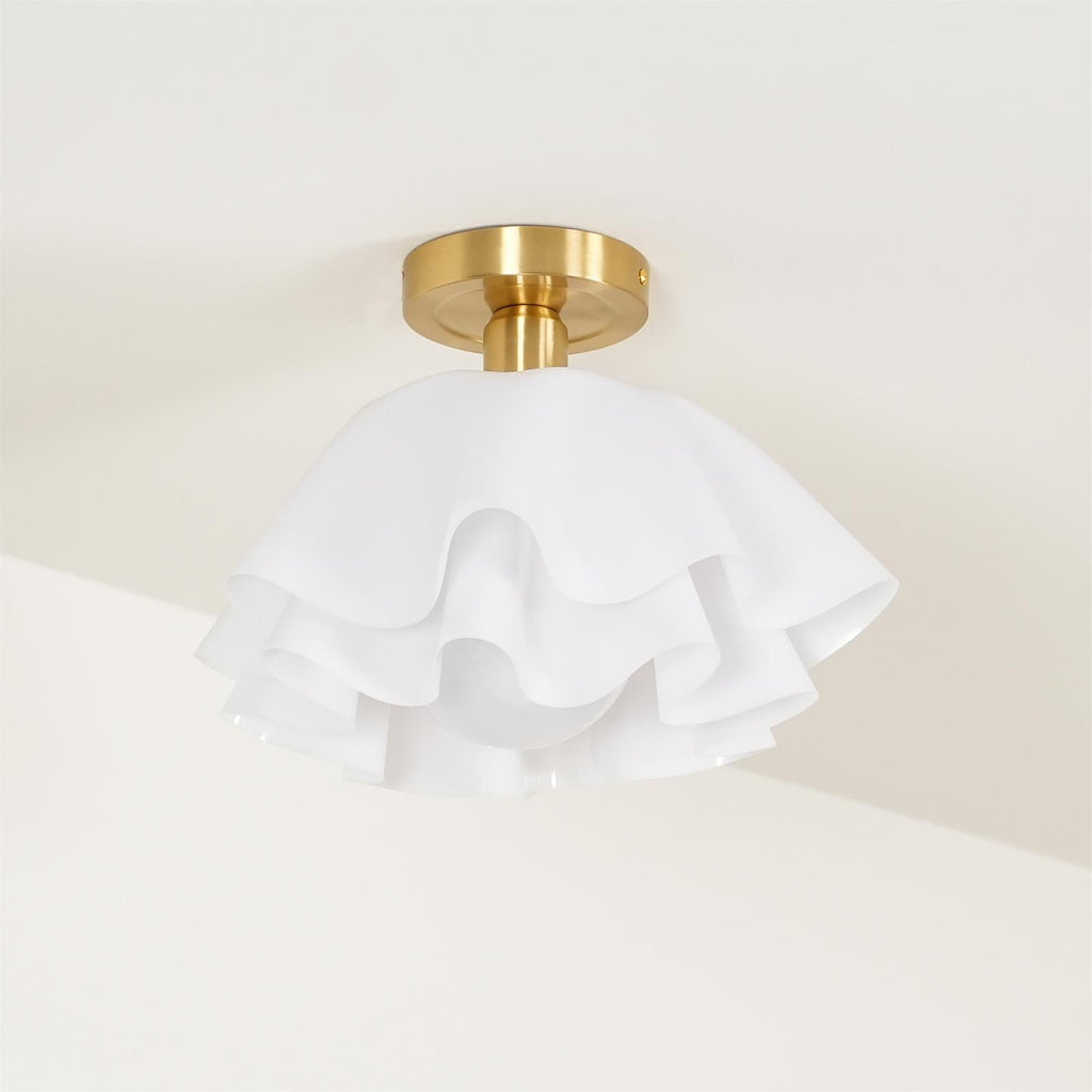 Seen from below on a cream ceiling, the Clérachic Pleated Petal Ceiling Light shows three ruffled tiers and the bulb tucked inside.