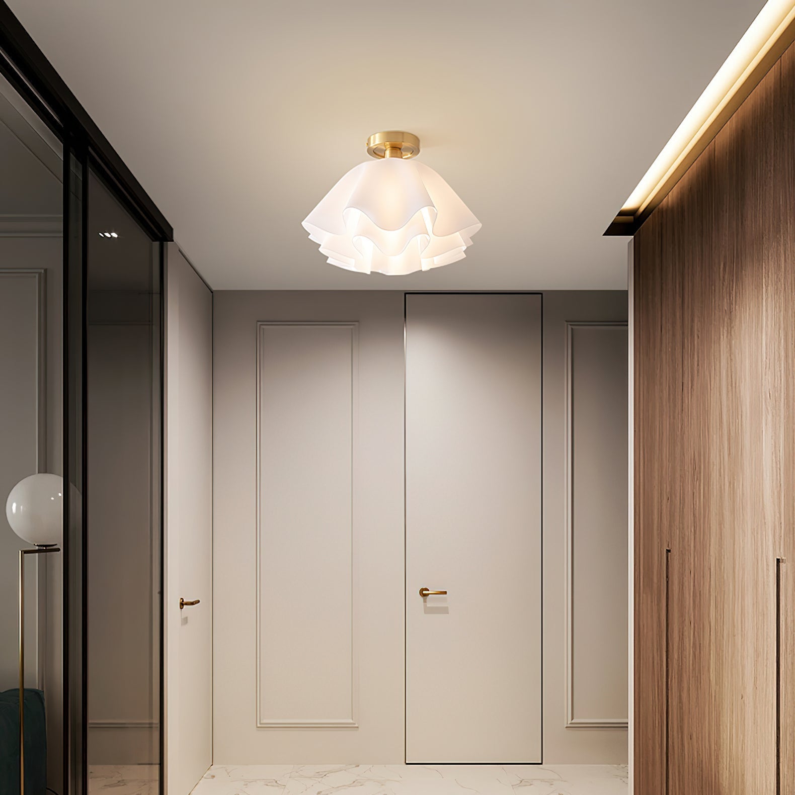 The Clérachic Pleated Petal Ceiling Light lights a panelled corridor between a mirrored wardrobe and warm wood cabinetry.