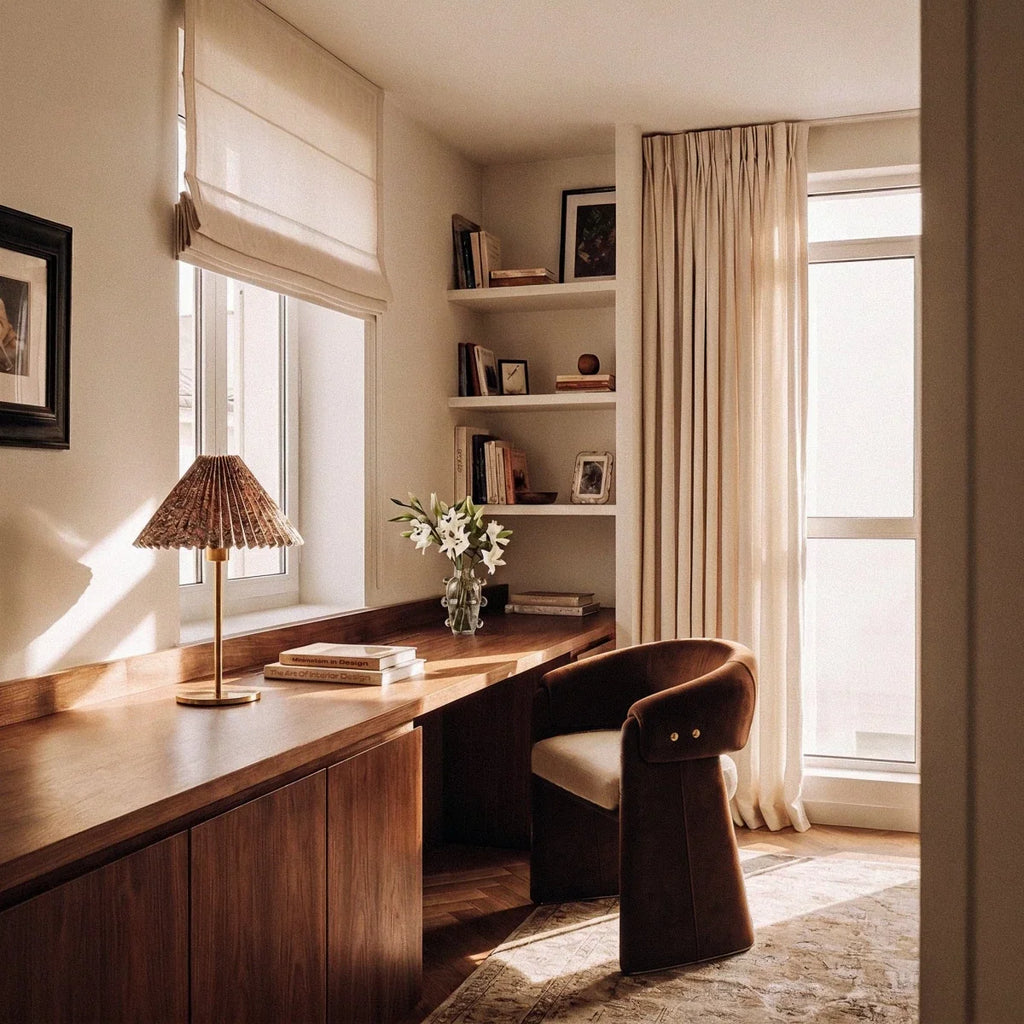 Clérachic floral pleated-shade table lamp on a brass stem, on a long walnut desk by a window with a vase of white lilies.