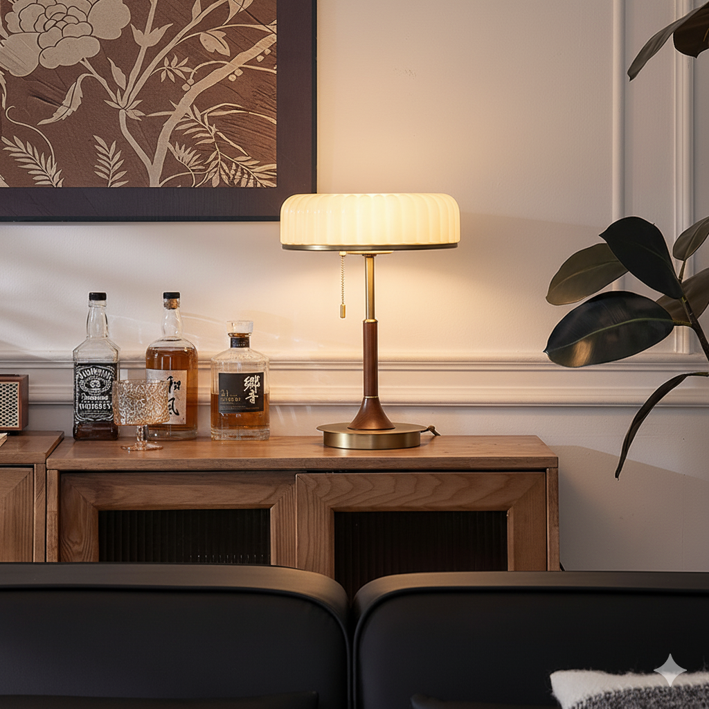 Lit Clérachic table lamp glowing softly on a walnut sideboard, with a row of bottles and a dark leafy plant behind it.