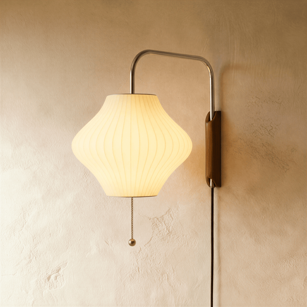 Clérachic pear-shaped pleated fabric wall lamp lit on a curved chrome arm with a wooden mount and ball pull chain.