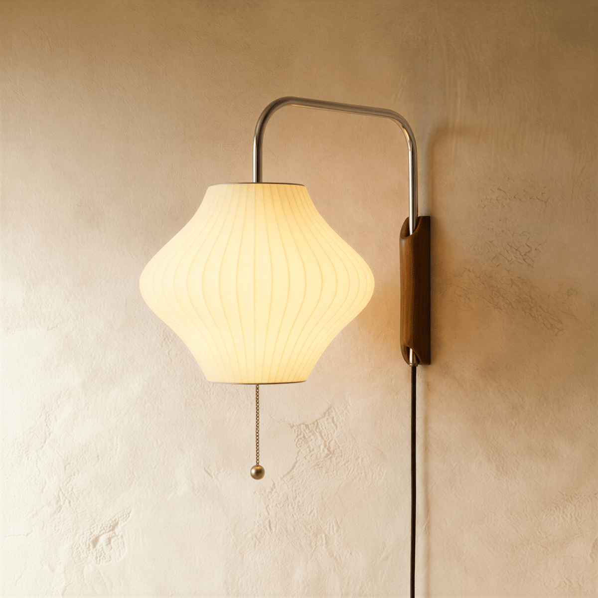 Clérachic pear-shaped pleated fabric wall lamp lit on a curved chrome arm with a wooden mount and ball pull chain.