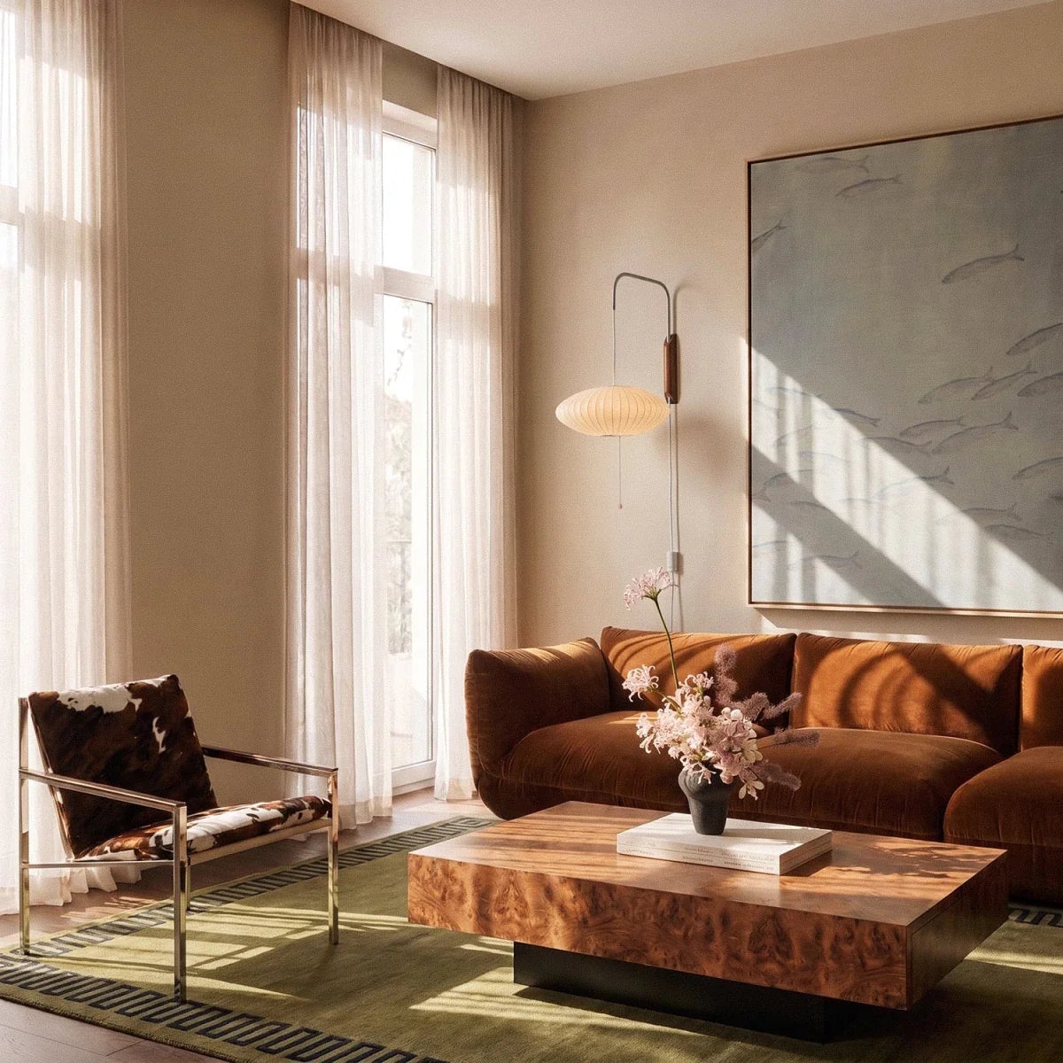 Clérachic saucer-shaped fabric wall lamp on a chrome arm above a rust velvet sofa beside a large fish artwork.