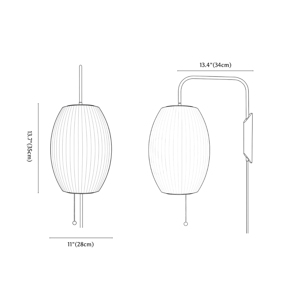 Clérachic wall light dimension drawing, barrel shade, 28 × 35 cm, every measurement marked in centimetres and inches.