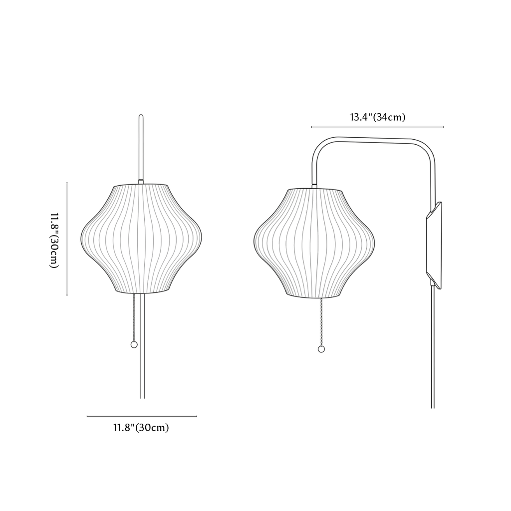 Clérachic wall light dimension drawing, pear shade, 30 × 30 cm, every measurement marked in centimetres and inches.