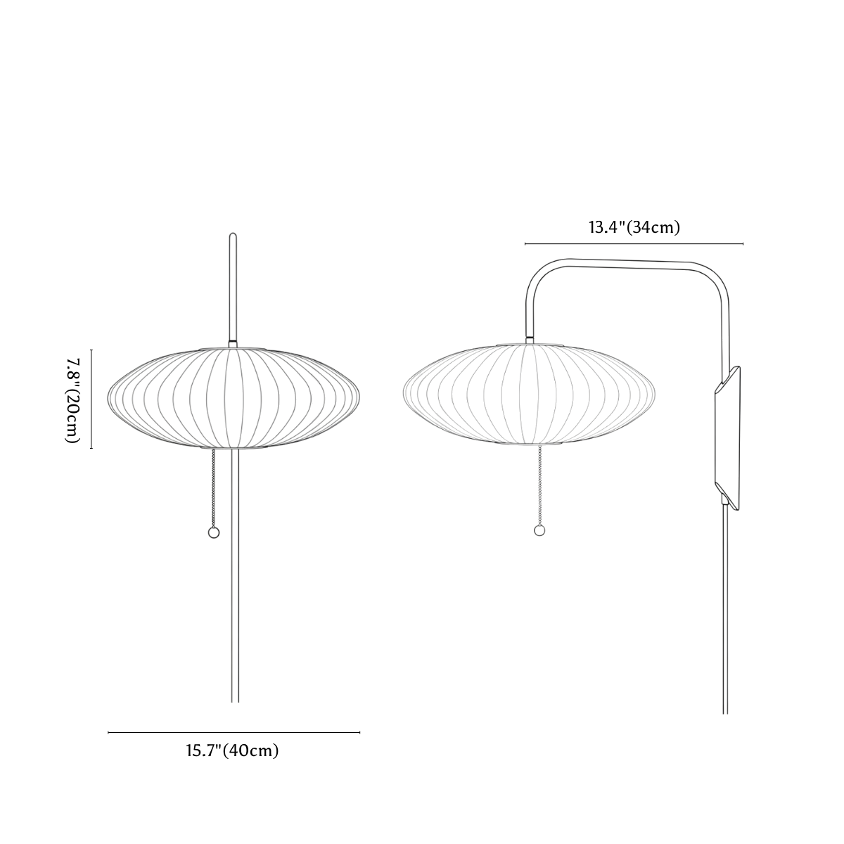 Clérachic wall light dimension drawing, saucer shade, 40 × 20 cm, every measurement marked in centimetres and inches.