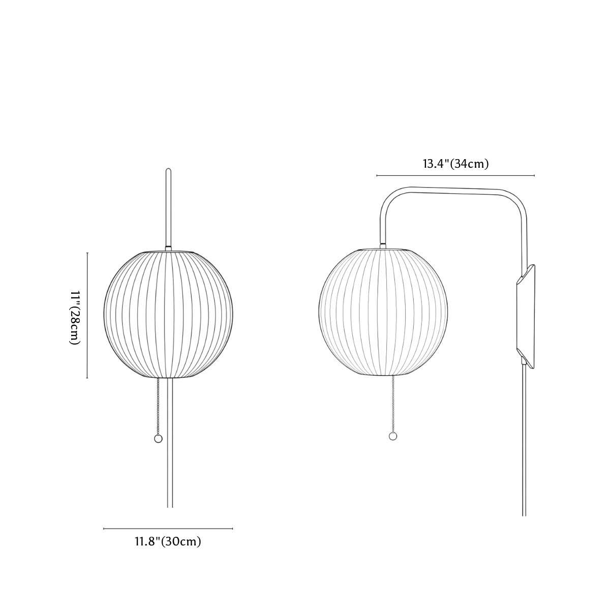 Clérachic wall light dimension drawing, round shade, 30 cm, every measurement marked in centimetres and inches.