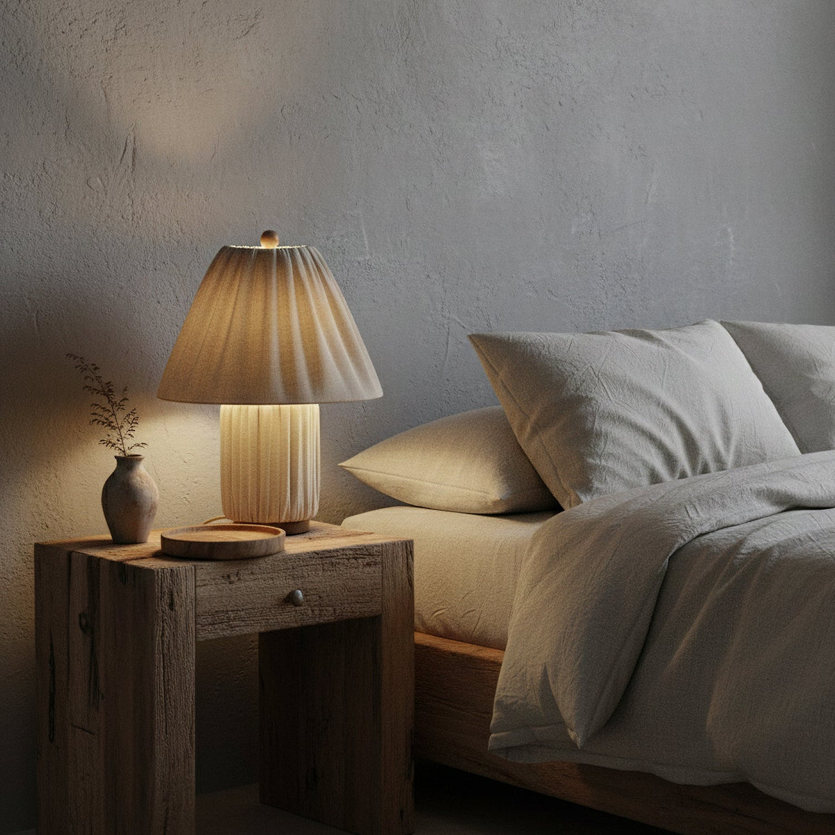 Beside a bed with grey linen, this Clérachic pleated table lamp sits on a rough dark wood nightstand, its shade lit warm.