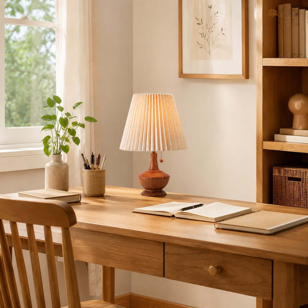 A Clérachic lamp on a light wood desk by a window, with an open notebook, a pen pot and a small plant in a vase.