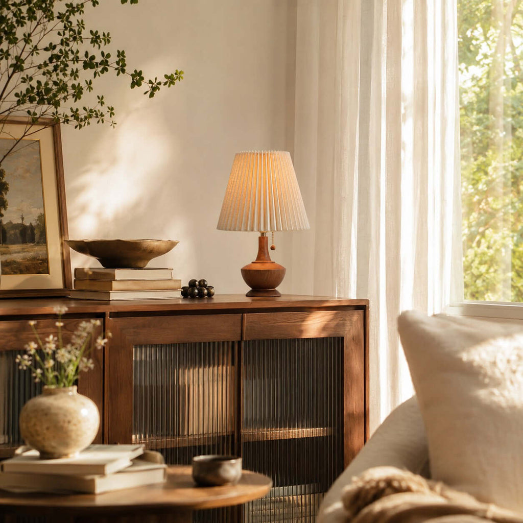 A Clérachic lamp on a wooden cabinet by a sunlit window, with a wooden bowl, a stack of books and a stone vase below.