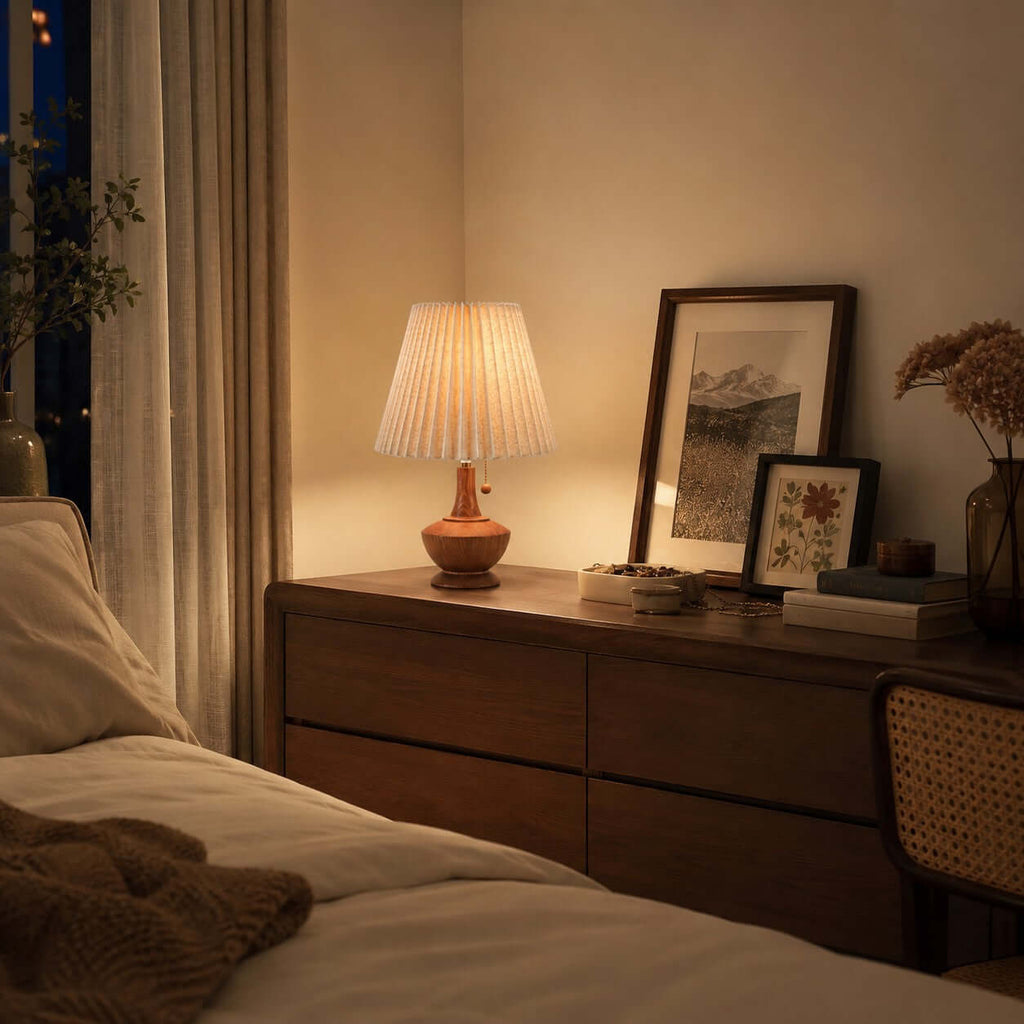 Distant Clérachic lamp on a dark wood chest of drawers by the window, beside two framed pictures and a vase of dried flowers.