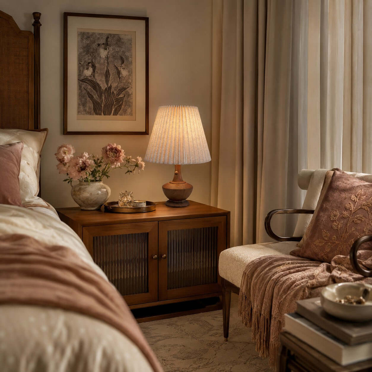 Clérachic lamp on a bedside cabinet with ribbed glass doors, in a bedroom with a pink throw and a framed botanical print.