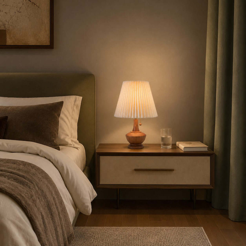 Clérachic lamp on a cream-fronted bedside table, with a glass of water and a book, beside a bed and olive-green curtains.