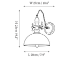 Dimension drawing of this Clérachic wall light with the dome shade, with its height, width and projection marked.