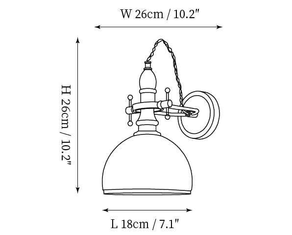 Dimension drawing of this Clérachic wall light with a smaller dome shade, with its height and width marked.