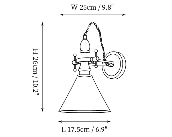 Dimension drawing of this Clérachic wall light with the cone shade, with its height and width marked.