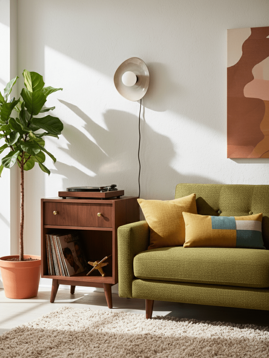 A small Clérachic plug-in wall light sits high on a sunlit white wall above a walnut cabinet, a green sofa and a potted fig tree.