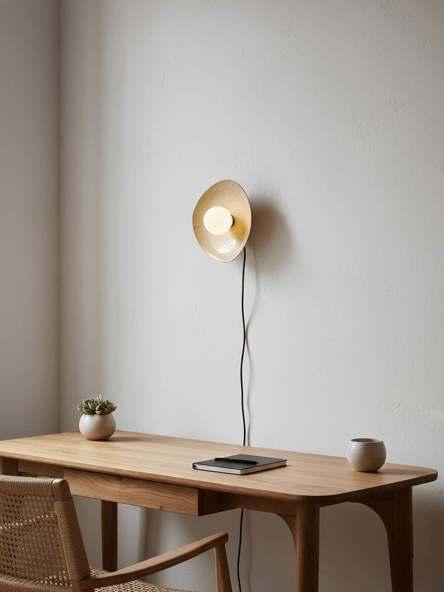 Above an oak desk with a notebook and a small plant, a Clérachic plug-in wall light glows warm, its black cord hanging straight down.