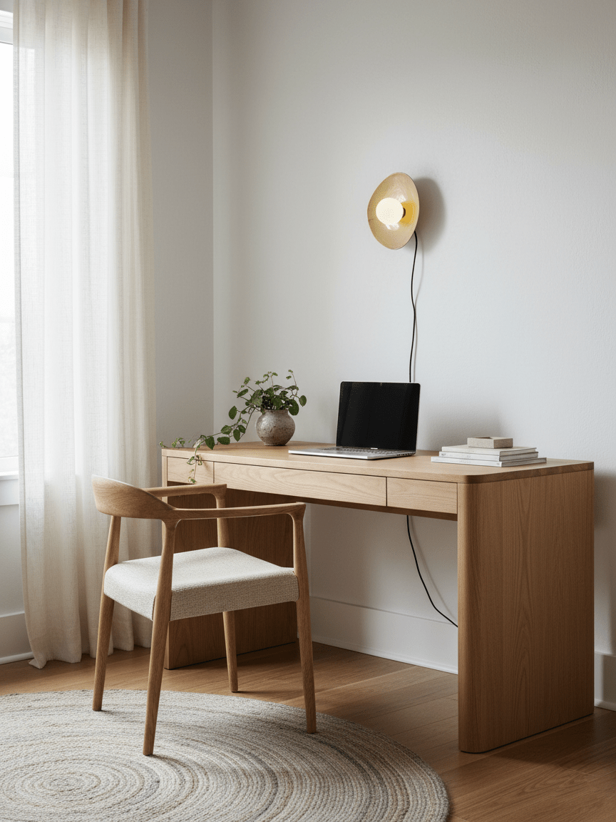 Beside a tall window with sheer curtains, this Clérachic wall light glows above a pale oak desk with a laptop and a wooden chair.