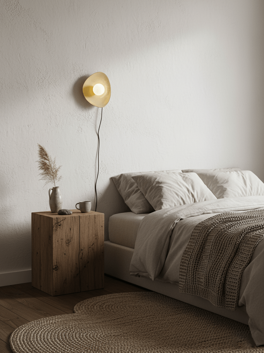 A small lit Clérachic wall light hangs on a textured plaster wall above a bed with a knitted throw and a block-style wooden table.