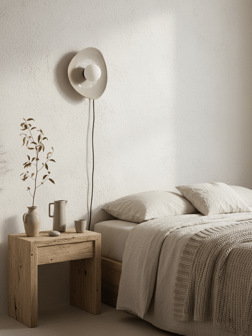 Unlit, a taupe ceramic wall light from Clérachic hangs above a bedside table with dried stems and a stoneware jug, a cord trailing down.