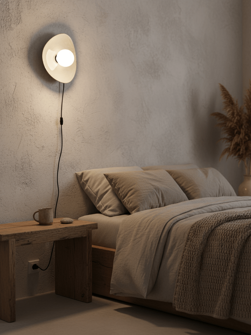 Lit warm in a quiet bedroom, this Clérachic ceramic wall light casts a glow over a textured wall, a bed and a dark wood table.