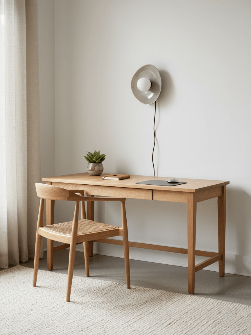 A taupe Clérachic ceramic wall light, unlit, hangs above a light oak desk and a woven-seat chair, next to sheer curtains.