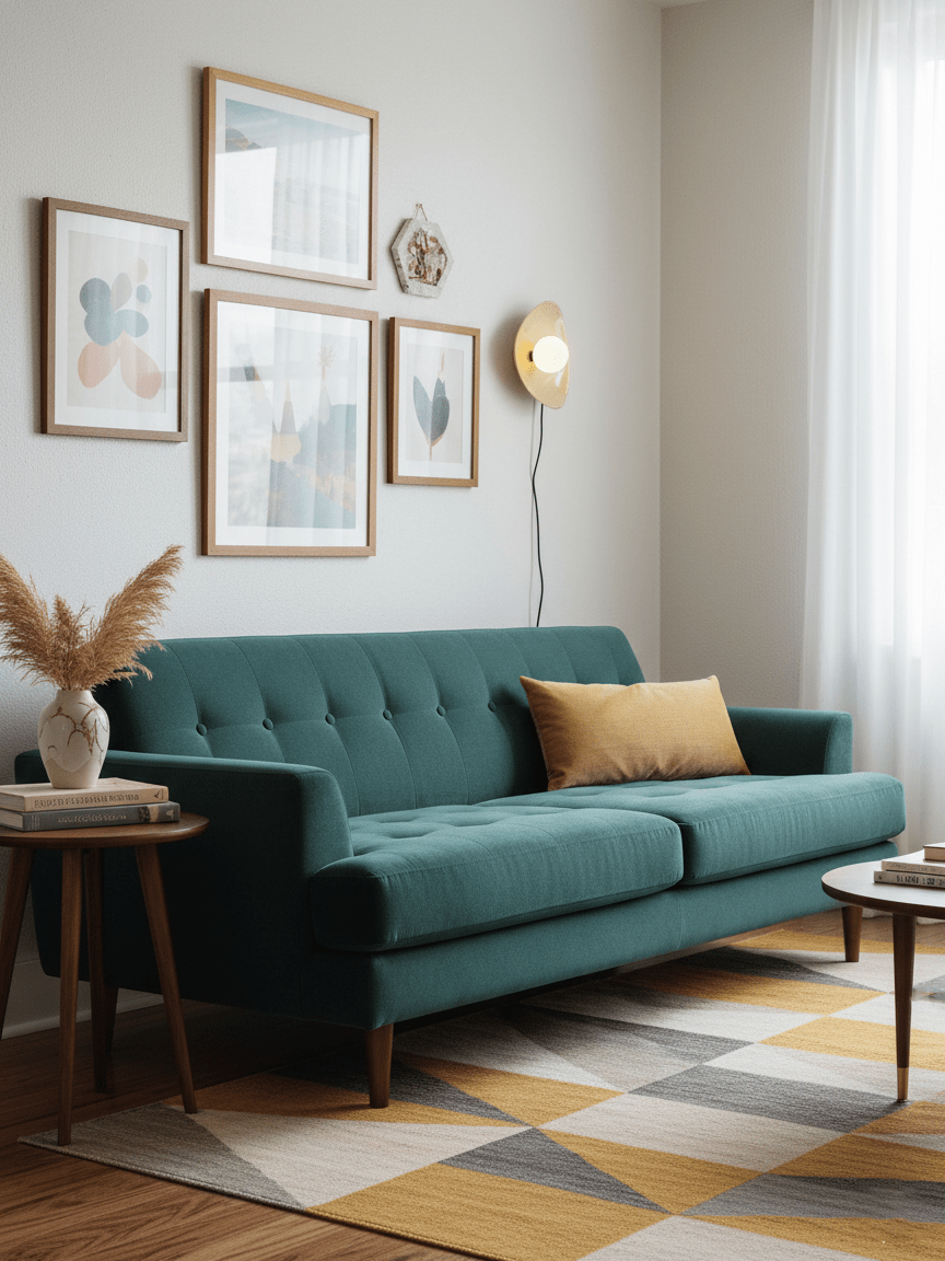 Far up a wall of framed prints, a small Clérachic wall light glows above a teal sofa on a geometric yellow and grey rug.