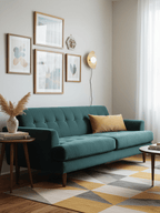 Far up a wall of framed prints, a small Clérachic wall light glows above a teal sofa on a geometric yellow and grey rug.