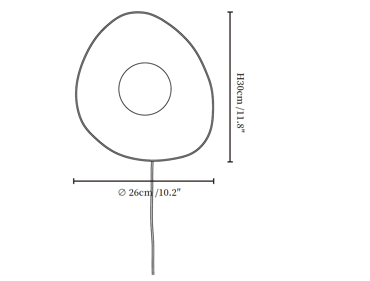 Clérachic wall light dimension drawing, 1 of 2, every measurement marked in centimetres and inches.