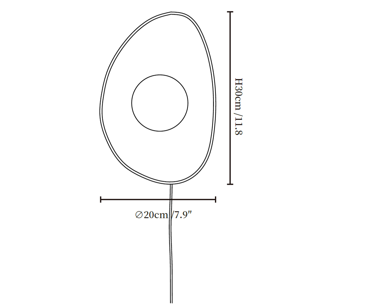 Clérachic wall light dimension drawing, 2 of 2, every measurement marked in centimetres and inches.