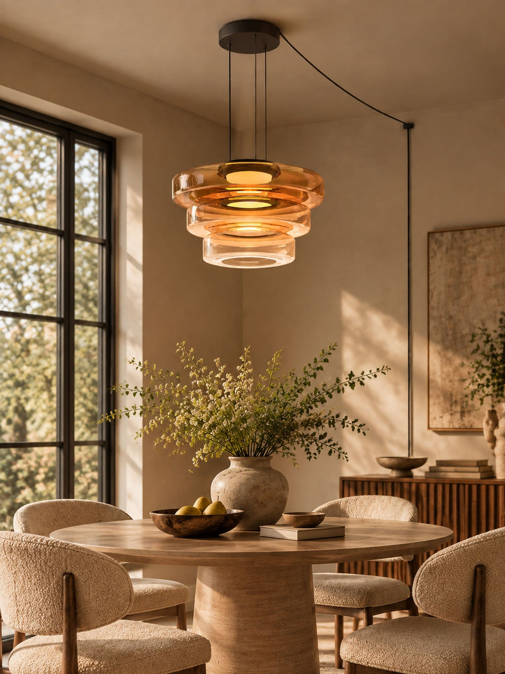 In amber glass, this Clérachic pendant hangs over a round dining table beside tall windows.