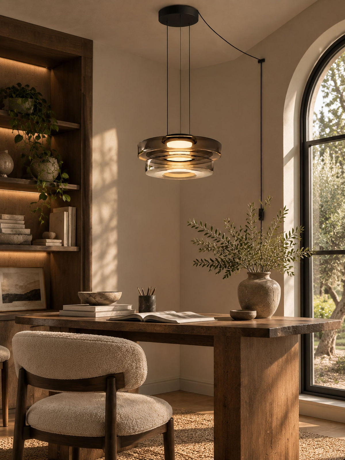 In a book-lined study, this Clérachic pendant in smoke-grey glass hangs above a wooden desk.