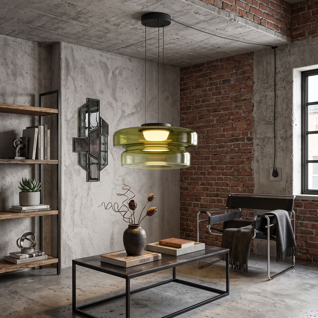 In an industrial loft with exposed brick, this Clérachic pendant shows two tiers of green glass.