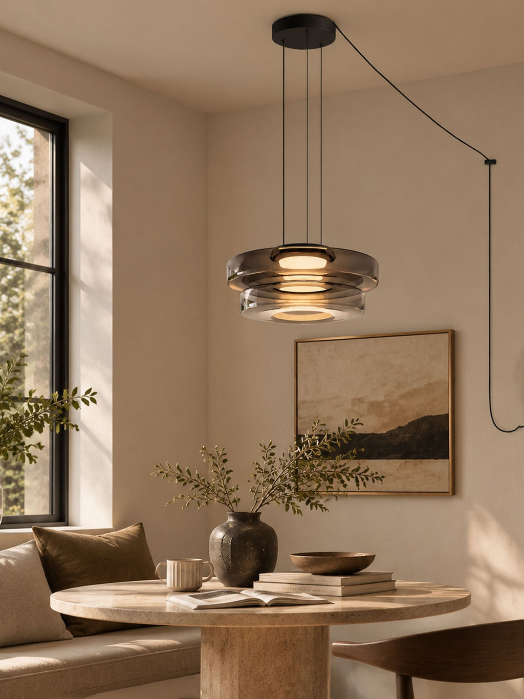 Smoke-grey glass tiers on this Clérachic pendant hang above a curved bench in a dining nook.