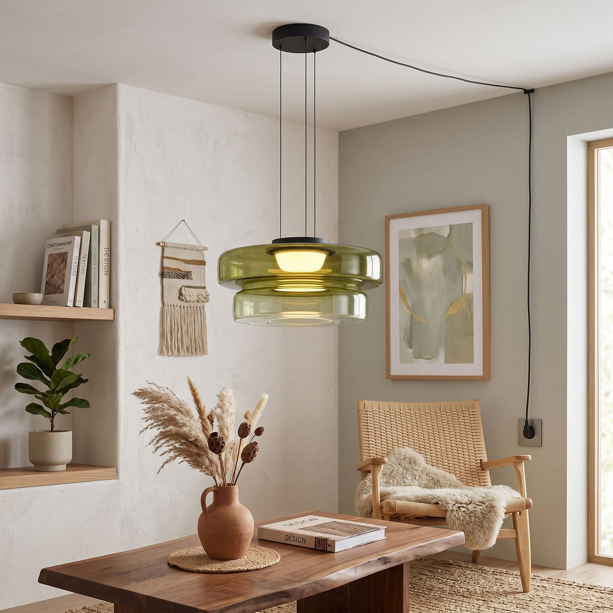 A single-tier Clérachic pendant in green glass hangs in a reading nook beside open shelving.