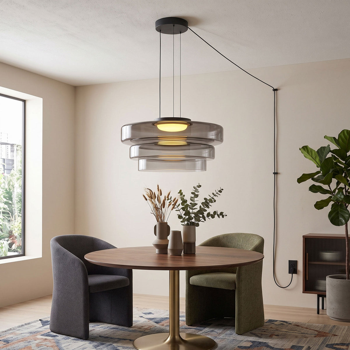 Smoke-grey glass tiers on this Clérachic pendant hang above a round table with black and green chairs.