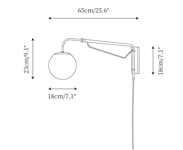 Clérachic wall light dimension drawing, every measurement marked in centimetres and inches.