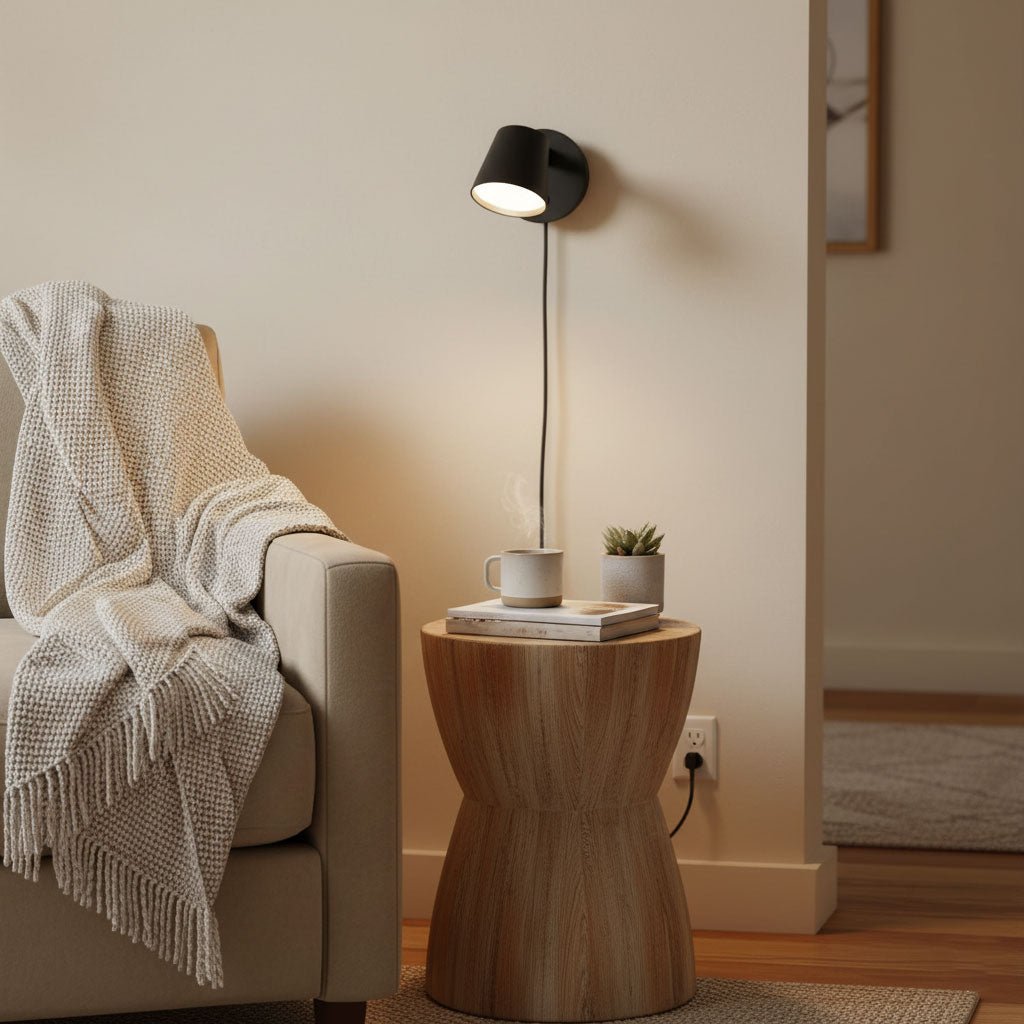 Small black Clérachic wall light above a round wooden side table, with a cream throw over a sofa arm nearby.