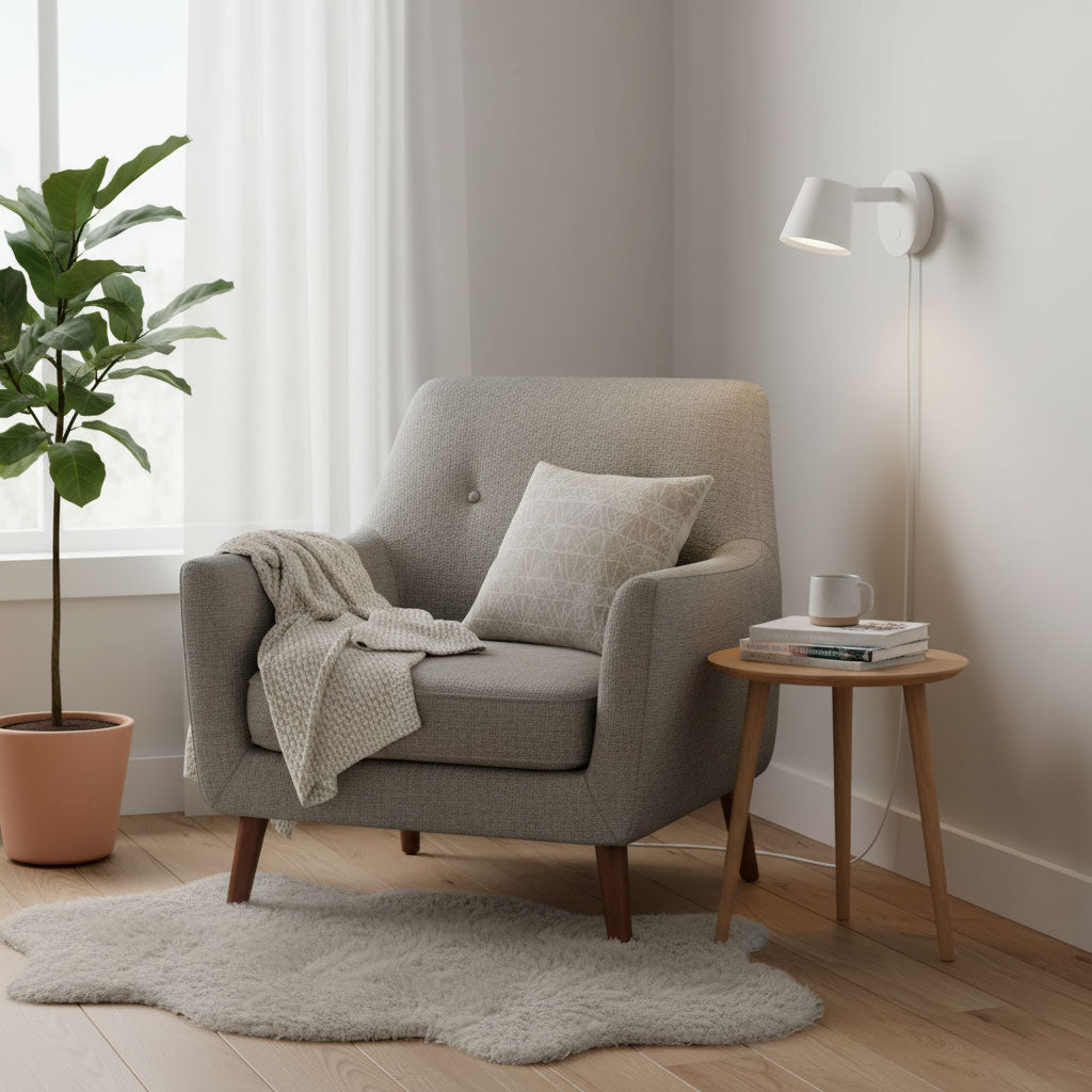 White Clérachic wall light beside a grey armchair and a potted fig, with a pale sheepskin rug on the floor.