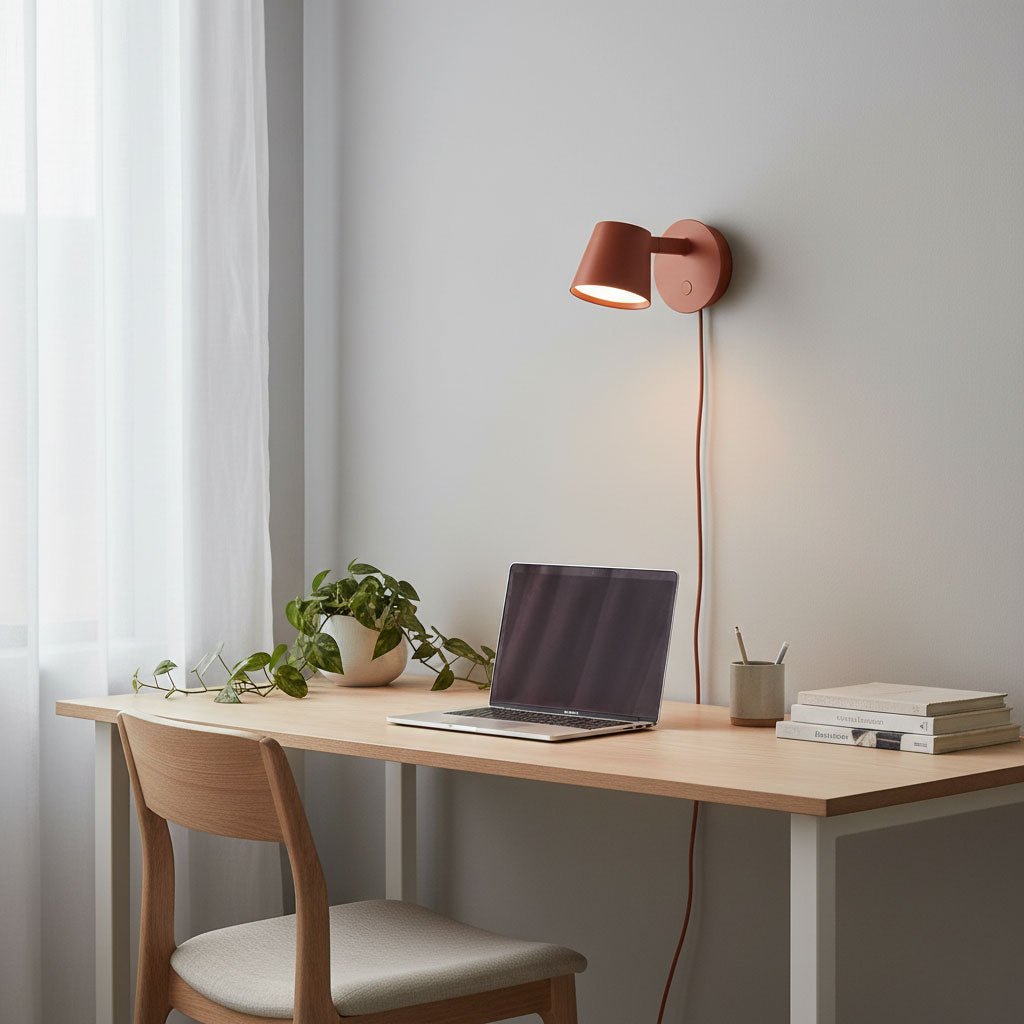 Red Clérachic wall light above a light wood desk with a laptop, a trailing plant and a stack of books.