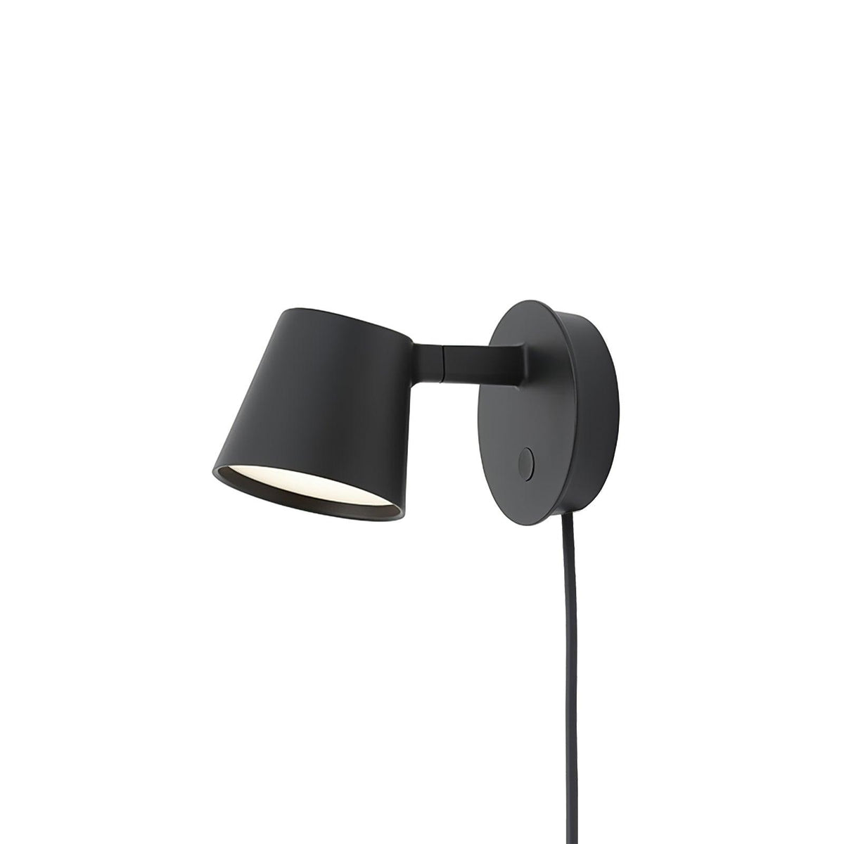 Black Clérachic wall light shown front on at an angle, round backplate and cone shade on a white background.