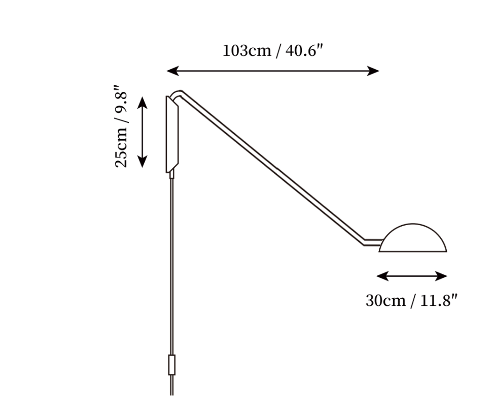 Clérachic wall light dimension drawing, every measurement marked in centimetres and inches.