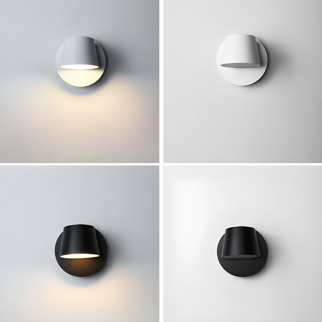 Four views of the single-light Clérachic wall light, white at the top and black at the bottom, each lit and unlit on a grey or white wall.