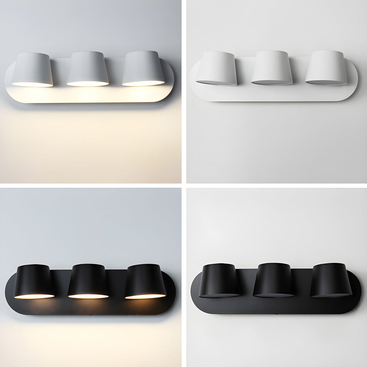 Four views of the three-light Clérachic wall light, white on the top row and black on the bottom, on grey and white backdrops.