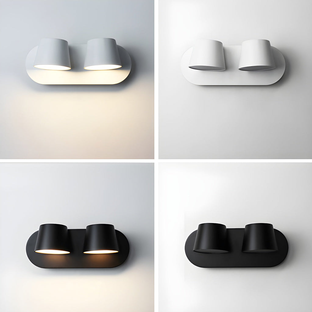 Four views of the two-light Clérachic wall light, white shades on the top row and black on the bottom, on grey and white backdrops.