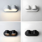 Four views of the two-light Clérachic wall light, white shades on the top row and black on the bottom, on grey and white backdrops.
