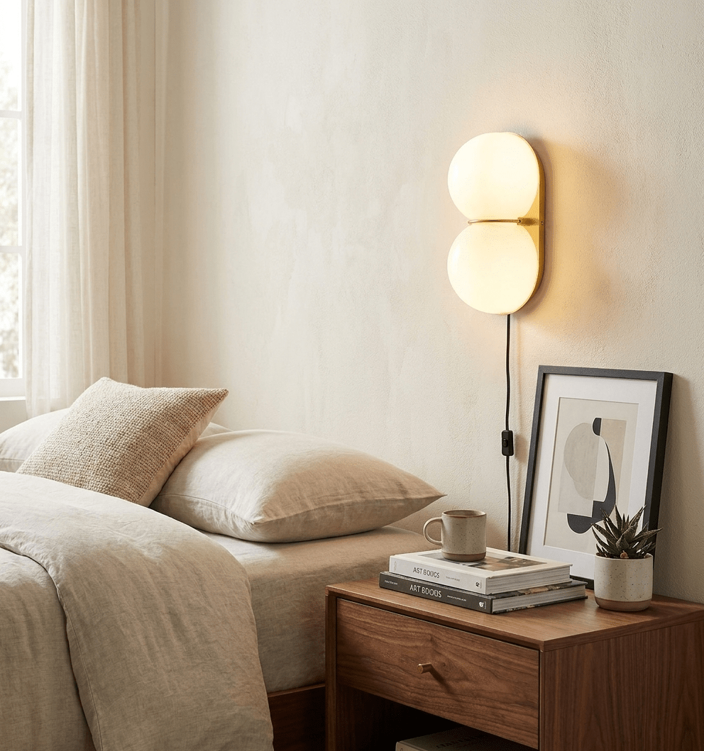 A lit white two-globe Clérachic wall sconce beside a bed, with a black cord running down to a walnut nightstand and framed print.