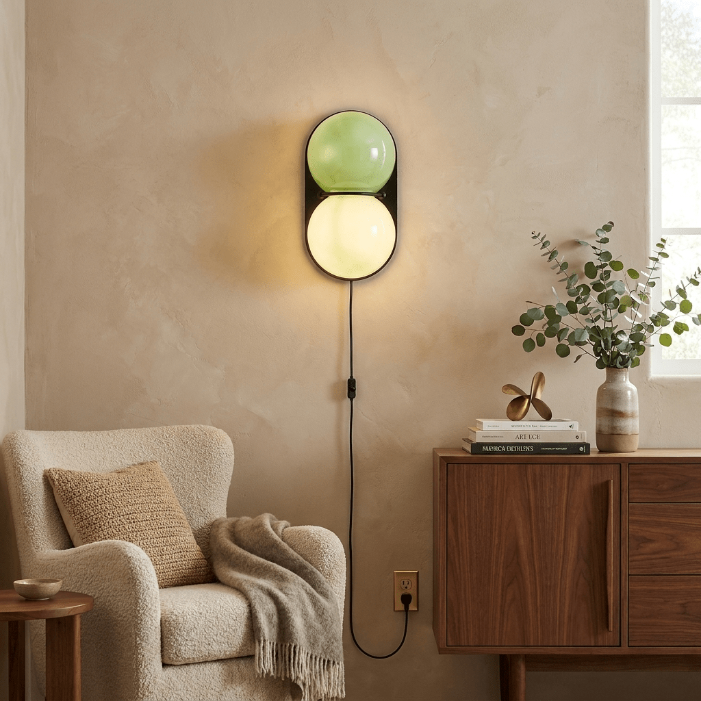 Lit Clérachic wall sconce with a pale green globe over a cream one, plugged in beside an armchair, a walnut cabinet and a plant.